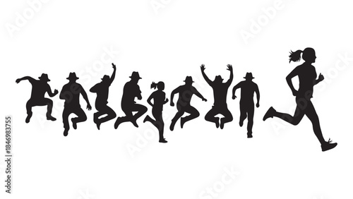 Set of vector silhouettes featuring diverse people running and jumping in a line, concept for sports, celebration, and active lifestyle

