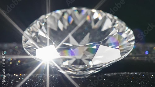 Close up of a sparkling brilliant cut diamond with rainbow light flares and bokeh highlights on a black glittery surface under studio lighting symbolizing luxury and wealth