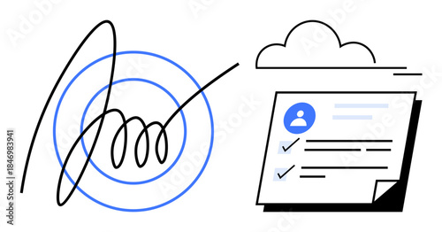 Hand-drawn signature over target circles, cloud icon, document with profile icon and checkmarks. Ideal for digital contracts, verification, authentication, security, recordkeeping, cloud storage