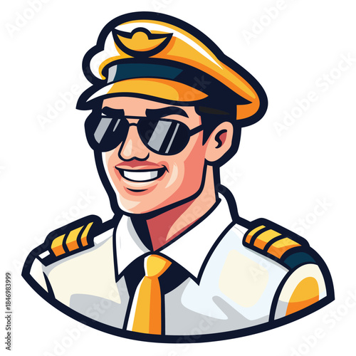 Smiling pilot character with sunglasses wears a hat and uniform, making him appear confident