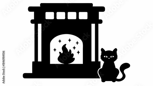 Enchanting Vector Silhouette of a Cozy Fireplace with Floating Magical Elements, Perfect for Fantasy, Festive, and Mystical Home Designs.
