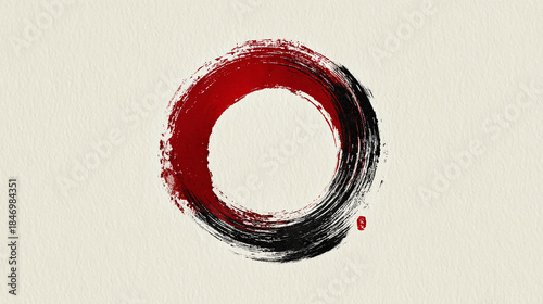 An abstract illustration of a Japanese Enso circle in red and black, signifying Zen