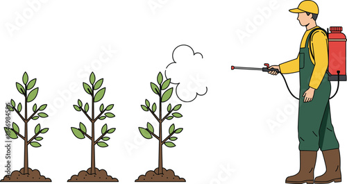 Farmer spraying plants vector illustration with backpack sprayer, agricultural worker caring for crops, pest control and farming activity isolated on white background