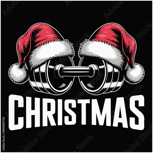gym xmas design, dumbbells with santa hat.