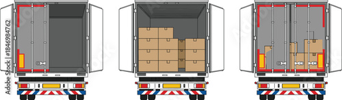 Delivery truck rear view vector set showing open cargo doors, empty and loaded freight compartment for logistics, transportation, and shipping concepts