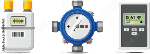 Utility meter vector set with gas, water, and electric meters, measurement devices for energy consumption, billing, and smart home infrastructure concepts