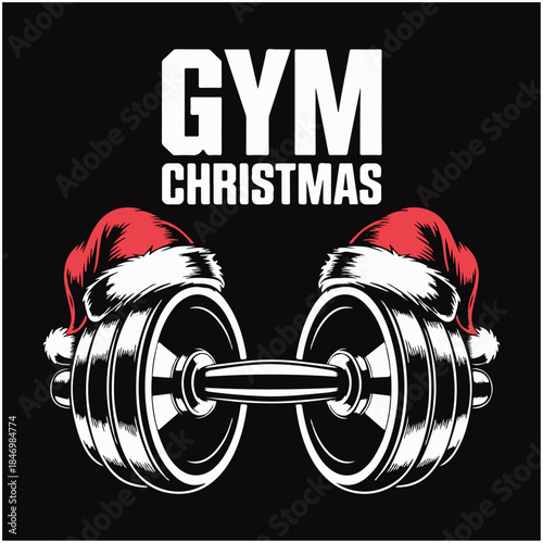 gym xmas design, dumbbells with santa hat.