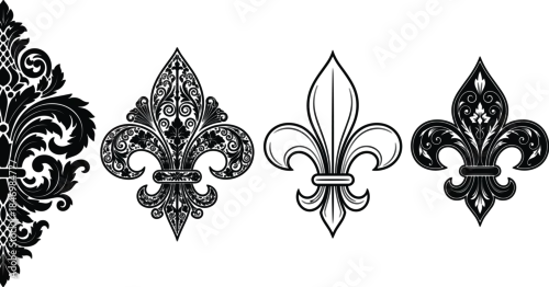 Tapety Ornate fleur de lis vector collection, vintage black floral emblem set, decorative heraldic symbols, elegant ornamental design illustration for branding