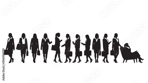 Set of vector silhouettes featuring diverse businesswomen in various standing, walking, and sitting poses, wearing formal office attire and carrying briefcases
