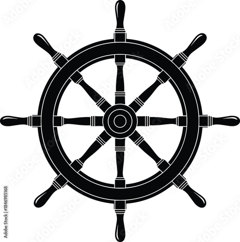 Ship steering wheel silhouette vector illustration, nautical maritime helm symbol, sailing navigation icon, black marine design element