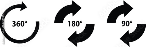 Rotation arrow icon vector set with 360, 180, and 90 degree symbols, circular direction indicators for interface, control, and infographic design