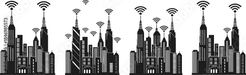 Smart city skyline silhouette vector illustration, wireless network signal towers, modern urban technology concept, connected city infrastructure design