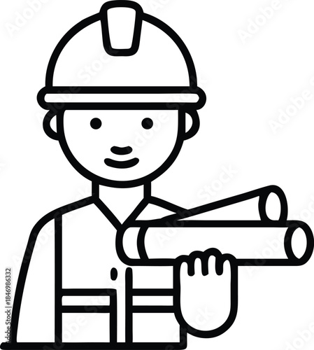 Smiling builder with helmet holds construction plans in his hand displayed as a simple line