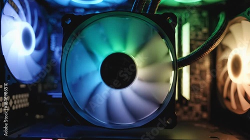 Colorful RGB Computer Fans Illuminate a Dark Gaming PC Case with Vibrant Blue Green and Purple Hues Creating a Dynamic Atmospheric Effect