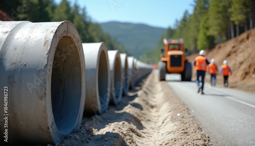 Wallpaper Mural Concrete drainage pipes are laid out on a construction site next to a road being built. Workers in hard hats and safety vests walk towards a bulldozer on the new roadway. Torontodigital.ca