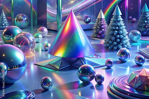 Vibrant holographic Christmas scene with rainbow orbs and shiny trees