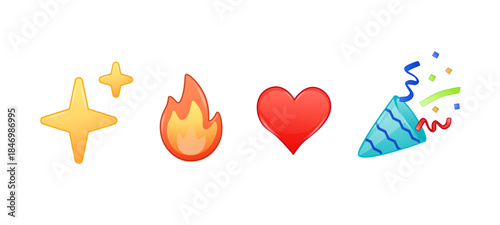 Emoji party popper, love, sparkles and flame icon illustration design. Happy birthday funny and smiling emoji, chat