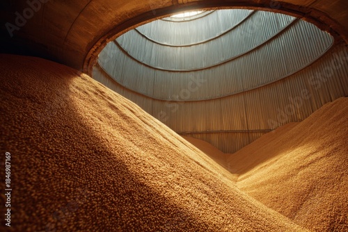 Inside Grain Storage Facility with Light Shining Through Roof