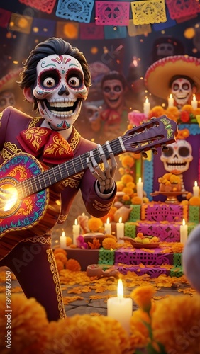 Vibrant Day of the Dead mariachi skeleton with guitar at candlelit ofrenda