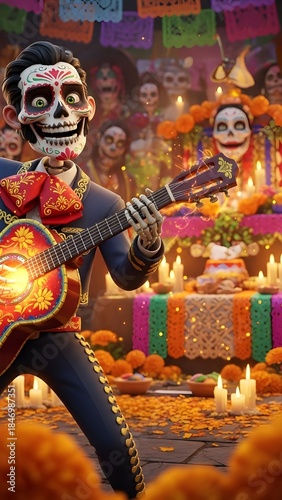 Festive calavera guitarist in charro suit amid marigolds and papel picado