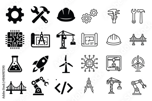 Engineering and construction tools vector illustration set industry symbols collection design