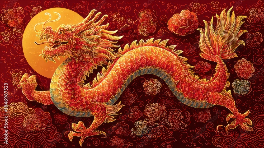 Fototapeta premium Majestic Red Dragon Surrounded by Clouds and Moonlight Glow