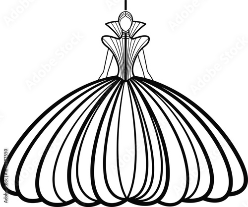 Elegant black and white line art ball gown dress illustration, luxury fashion couture bridal evening wear silhouette, minimal vector design isolated on white background