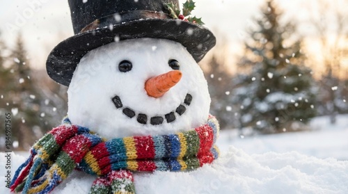Cute Happy Snowman with Black Top Hat, Carrot Nose and Colorful Striped Scarf in Snowy Winter Landscape - Cheerful Christmas Snowman with Falling Snow, Holiday Joy and Festive Winter Scene Stock