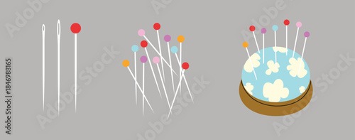 Needles and pins set on a grey background, vector illustration.