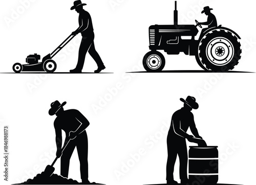 Silhouette farmers working on agriculture tasks, tractor driving, lawn mowing, digging soil, farm labor concept illustration, rural lifestyle, vintage farming equipment