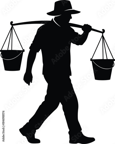 Silhouette of rural water carrier farmer walking with shoulder yoke buckets traditional labor lifestyle agriculture concept isolated on white background minimalist black human figure
