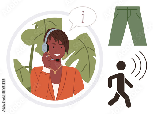 Woman wearing headset communicating with clients, surrounded by icons for trousers, mobility, and information. Ideal for customer support, teamwork, tech support, communication, business services