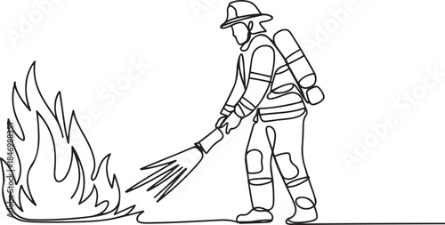 One continuous line drawing of The fire fighter brigade is on duty to put out the blazing fire vector illustration. one line Art icon drawing