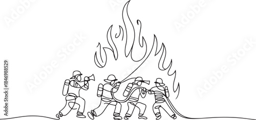 One continuous line drawing of The fire fighter brigade is on duty to put out the blazing fire vector illustration. one line Art icon drawing
