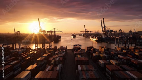 Vibrant golden sunrise over a bustling international container port with cargo ships passing between towering industrial cranes and stacked shipping containers