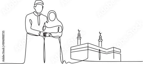 One continuous line drawing of a husband and wife who are performing the Hajj and Umrah in the holy land of Mecca. one line Art icon drawing