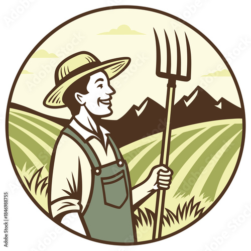 Smiling farmer with pitchfork gazes across the cultivated field under a bright sky