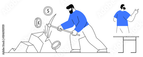 Cryptocurrency, financial growth, wealth creation, investment strategies, digital currency, economic planning. A man mining coins with a pickaxe, symbols of currency visible. Cryptocurrency