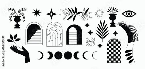 Black and White Abstract Geometric and Botanical Elements Keywords: abstract, black and white, geometric, botanical, plant, leaf, branch, vase, pot