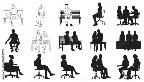Business People and Students Vector Icon Set with Sitting and Standing Silhouettes