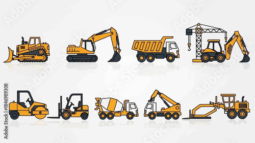 A set of heavy yellow construction equipment vectors including trucks, excavators, bulldozers, and cranes for the building industry