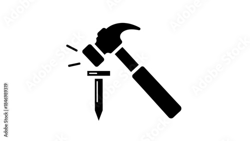 A black and white illustration of a hammer striking a nail, symbolizing construction and DIY projects.
