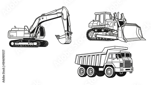 Heavy yellow construction machinery including an excavator and dump truck working at an industrial site
