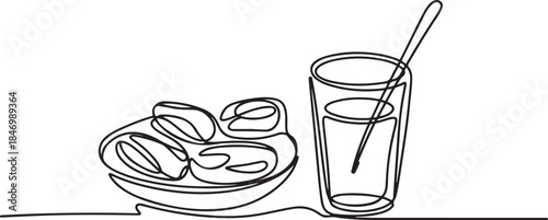 One continuous line drawing of dates in plates and one glass drin for iftar ramadan. one line Art icon drawing