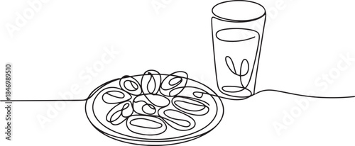 One continuous line drawing of dates in plates and one glass drin for iftar ramadan. one line Art icon drawing