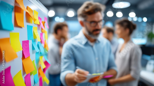 Creative workspace concept focused on future leaders with strategic planning and action directions on whiteboard, defocused organizational development, leadership cultivation space