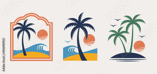 Tropical Beach Scene Silhouettes With Palm Trees And Sunsets Keywords: beach, tropical, palm trees, ocean, waves, sunset, island, silhouette