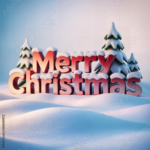 Wallpaper Mural "Merry Christmas 3D Text with Pine Branches and Red Baubles on Neutral Background — Festive Holiday Greeting Composition" Torontodigital.ca
