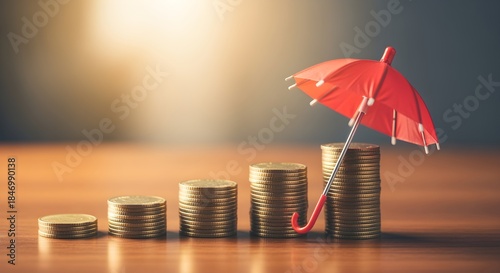 Wallpaper Mural Coins stacked in ascending order with a red umbrella on top for financial protection on a wooden surface. Torontodigital.ca