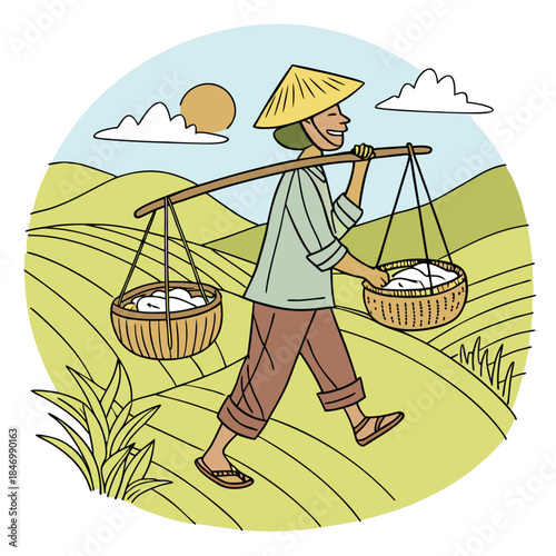 Smiling Asian farmer wearing a conical hat carries full baskets across rural terraces